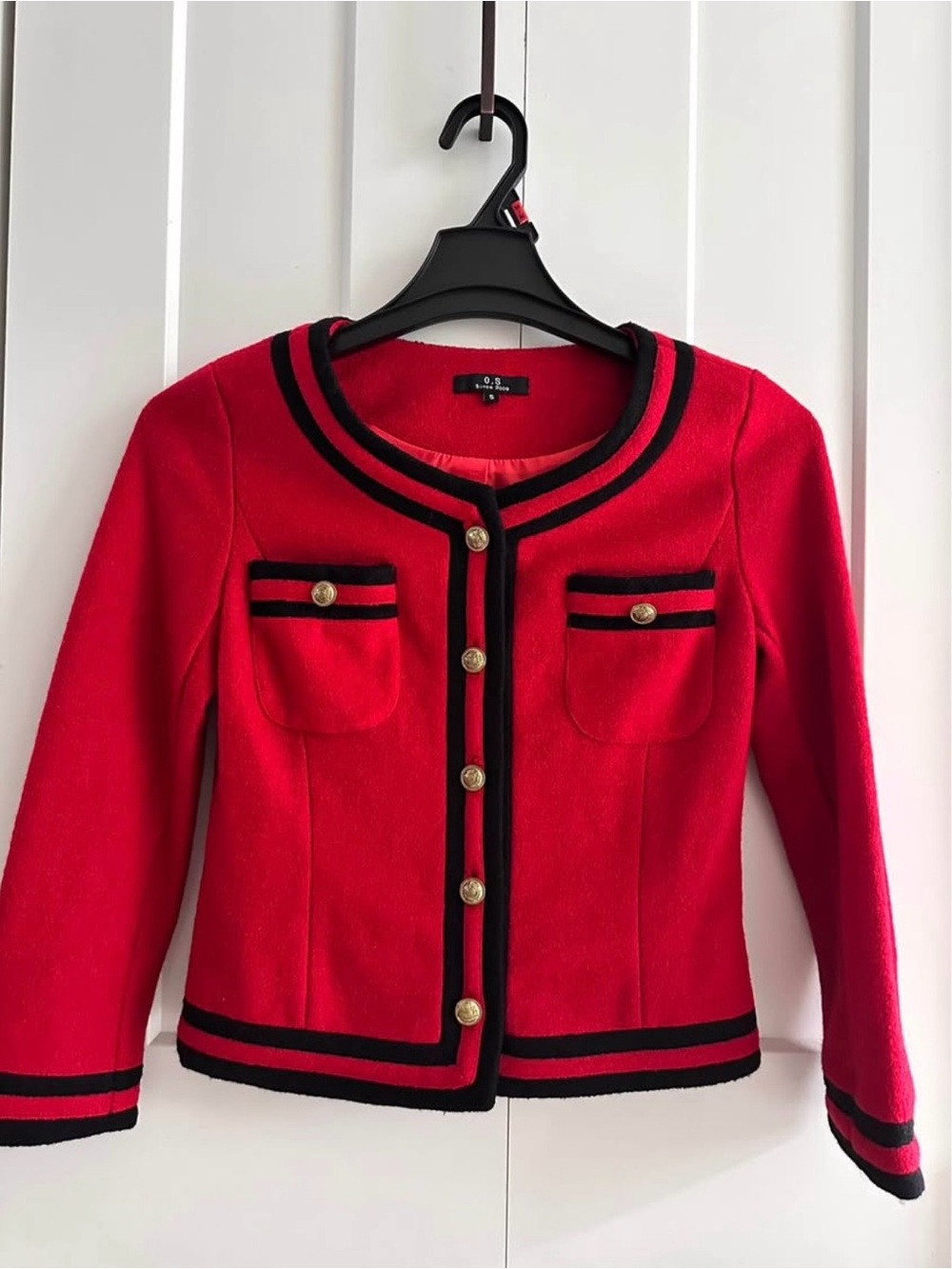 Wool Red Tweed-Style Button Front Jacket with Black Trim